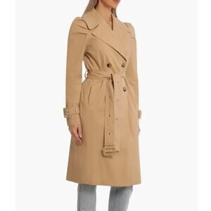 Avec Les Filles NWT Puff Shoulder Khaki Double Breasted Belted Midi Trench Coat